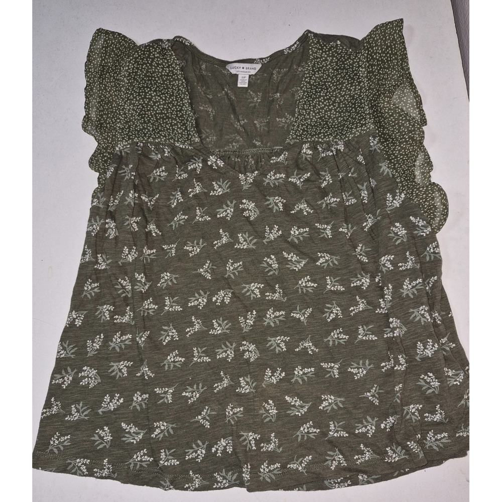 Lucky Brand Womens Olive Floral Flutter Sleeve Knit Top Size Small Boho Blouse